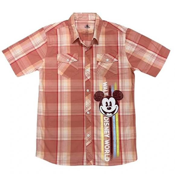Disney Parks Plaid Button-Down Collared Mickey Mouse Shirt Men’s Size S Orange - Picture 1 of 6